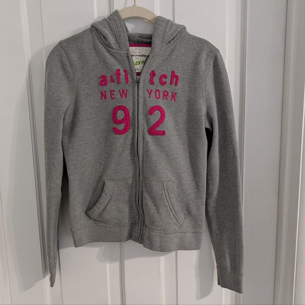 Abercrombie & Fitch Kids Zip Up‎ Hoodie Youth XL Y2K Pockets 3D Gray Pink